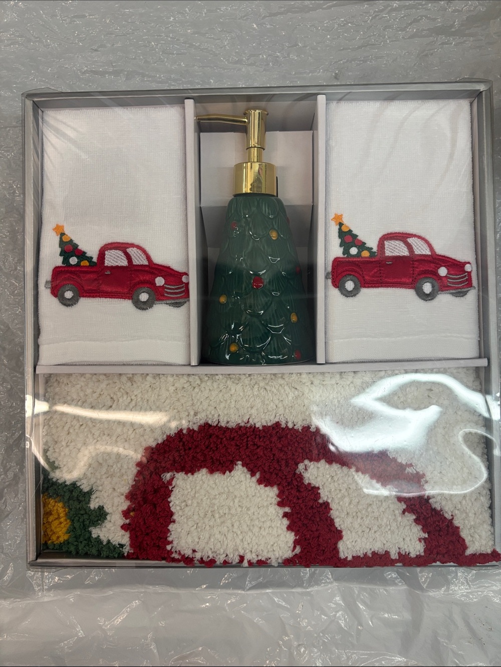 Holiday Red Bathroom Truck Towel, Rug & Green Tree Soap Dispenser Set
